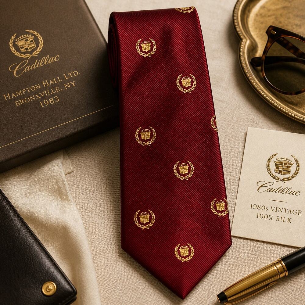 Vintage Cadillac Crest Silk Tie Red 1980s Hampton Hall Rare Luxury Necktie